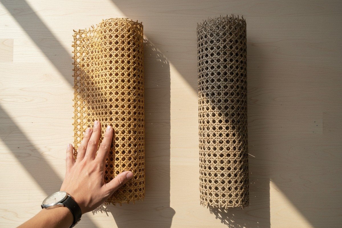 Comparison of Grade A rattan cane webbing with uniform strands and rich honey tones (ID#2)