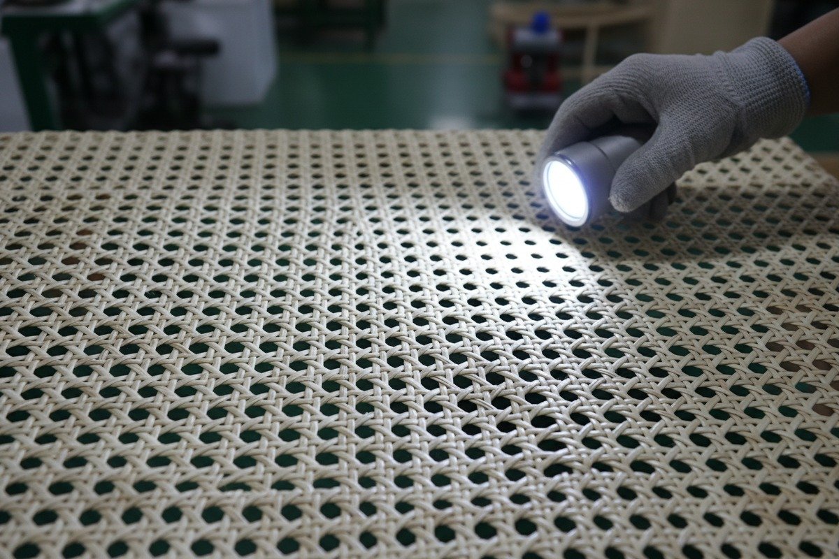 Visual inspection of rattan rolls for consistent color weave and checking for surface defects (ID#3)