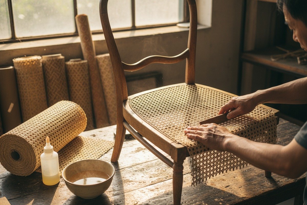 Vintage rattan chair refurbishment process using natural cane webbing materials (ID#1)