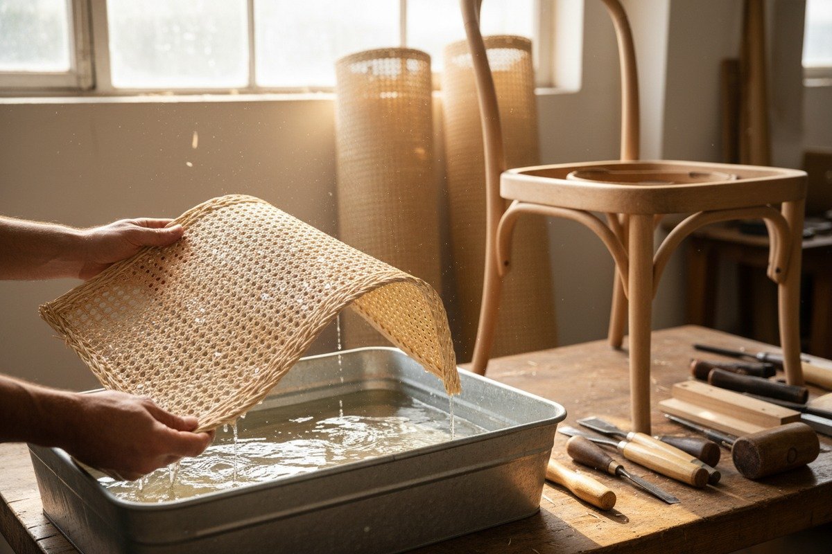 Professional steps for installing new rattan mesh and spline into chair grooves correctly (ID#3)