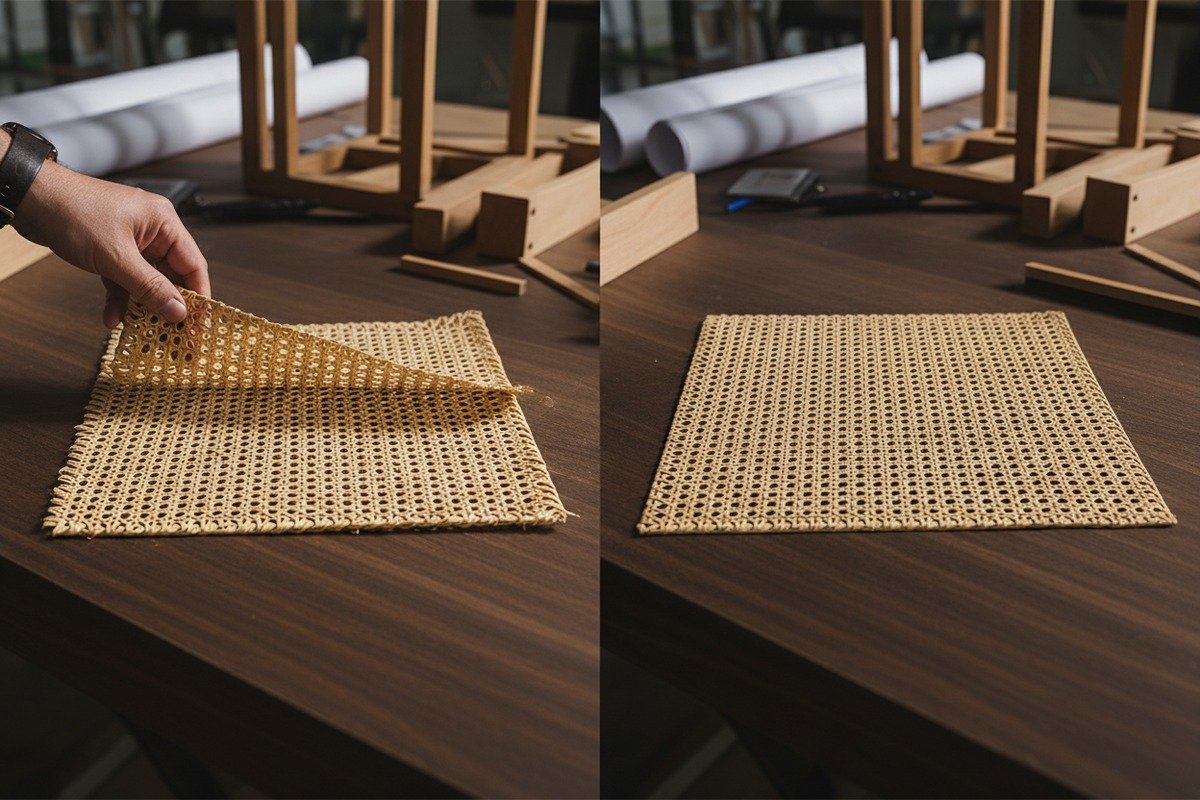 Ratán natural vs. sintético Comparison between premium natural rattan cane webbing and synthetic plastic imitations showing texture (ID#2)
