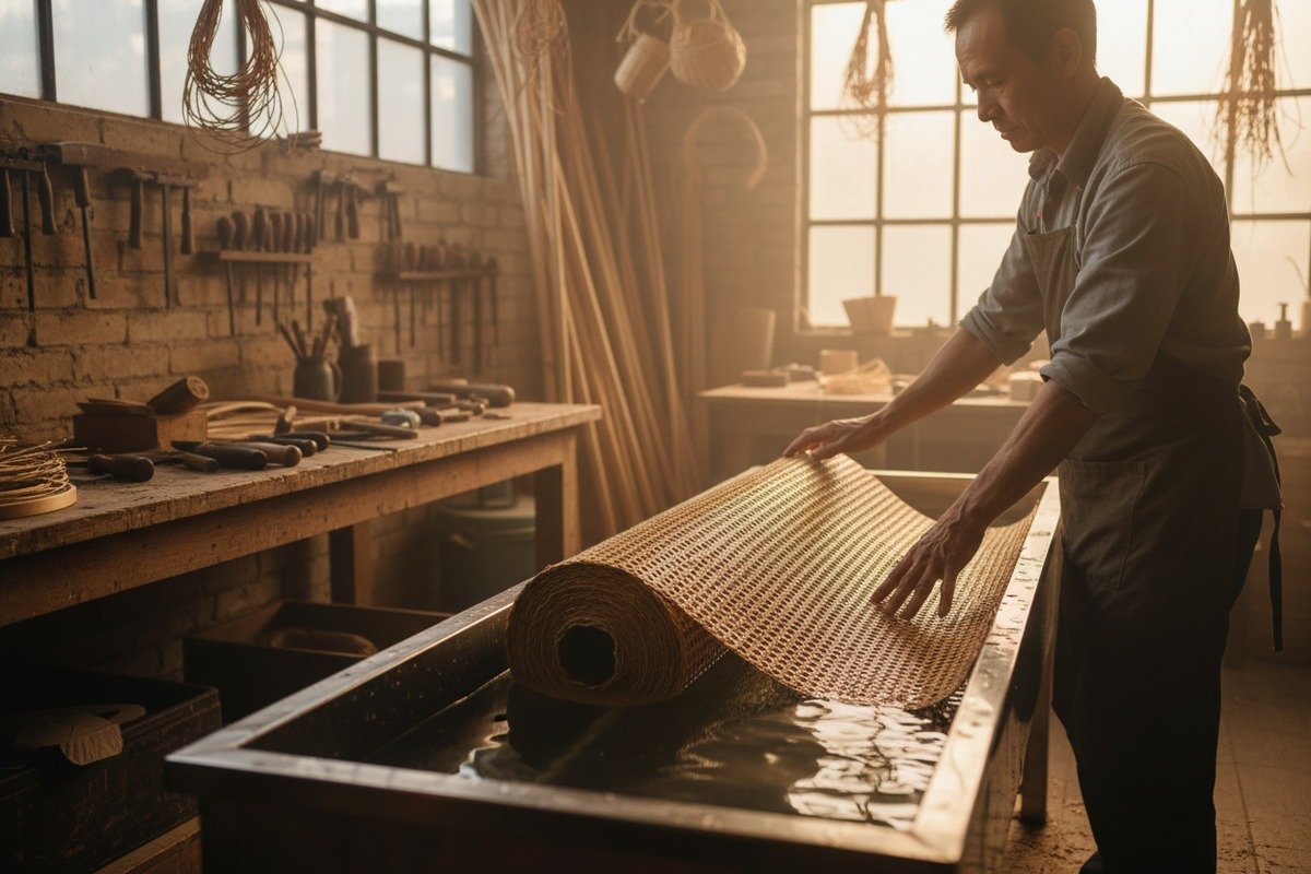 Testing Rattan Webbing Durability Testing durability and flexibility of rattan cane webbing through soaking and tensile strength checks (ID#4)