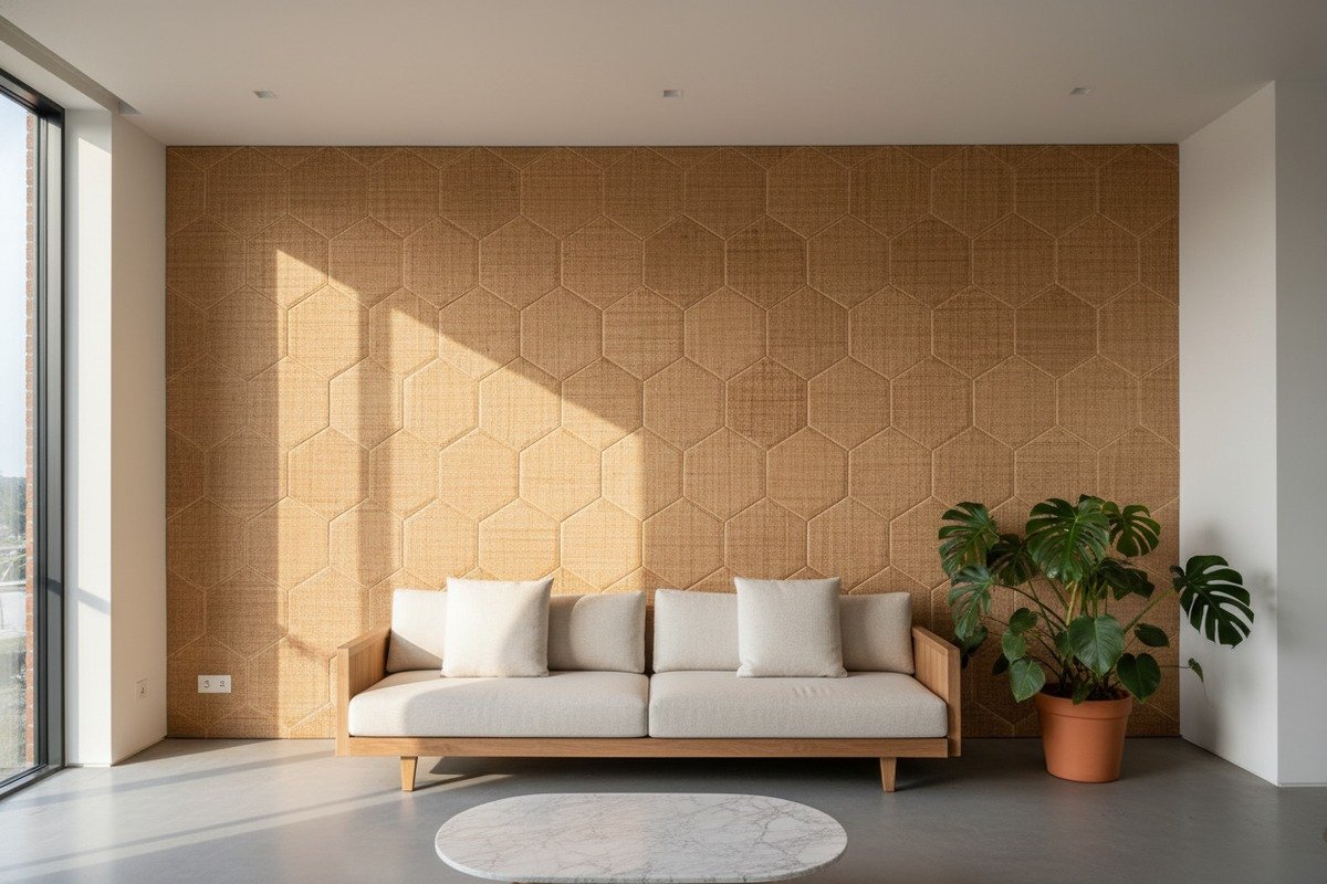 Natural rattan cane webbing used for decorative wall applications in interior design (ID#1)