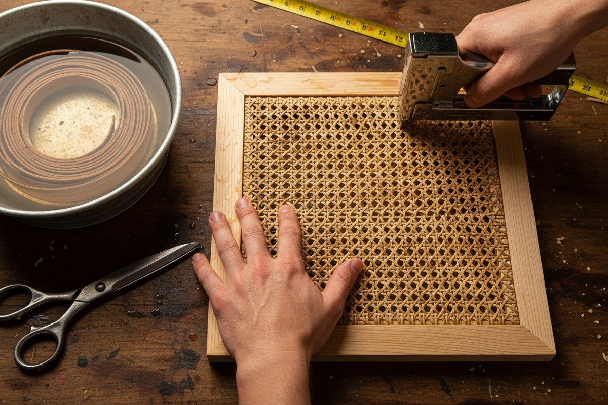 Installing Rattan Wall Webbing Process of installing natural rattan cane webbing on interior walls using wooden frames (ID#2)