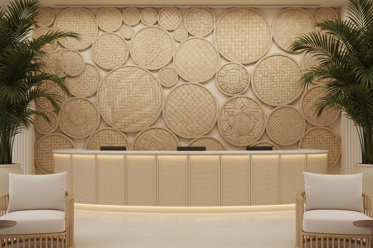 Approvisionnement en cannage en rotin en gros Bulk rolls of custom sized rattan webbing for commercial interior wall projects (ID#4)