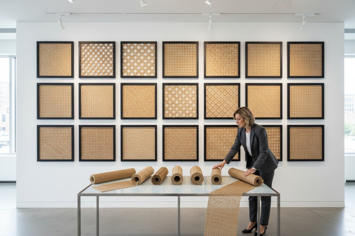 High-End Rattan Wall Aesthetic High end aesthetic wall treatment featuring natural rattan webbing in a modern interior (ID#5)