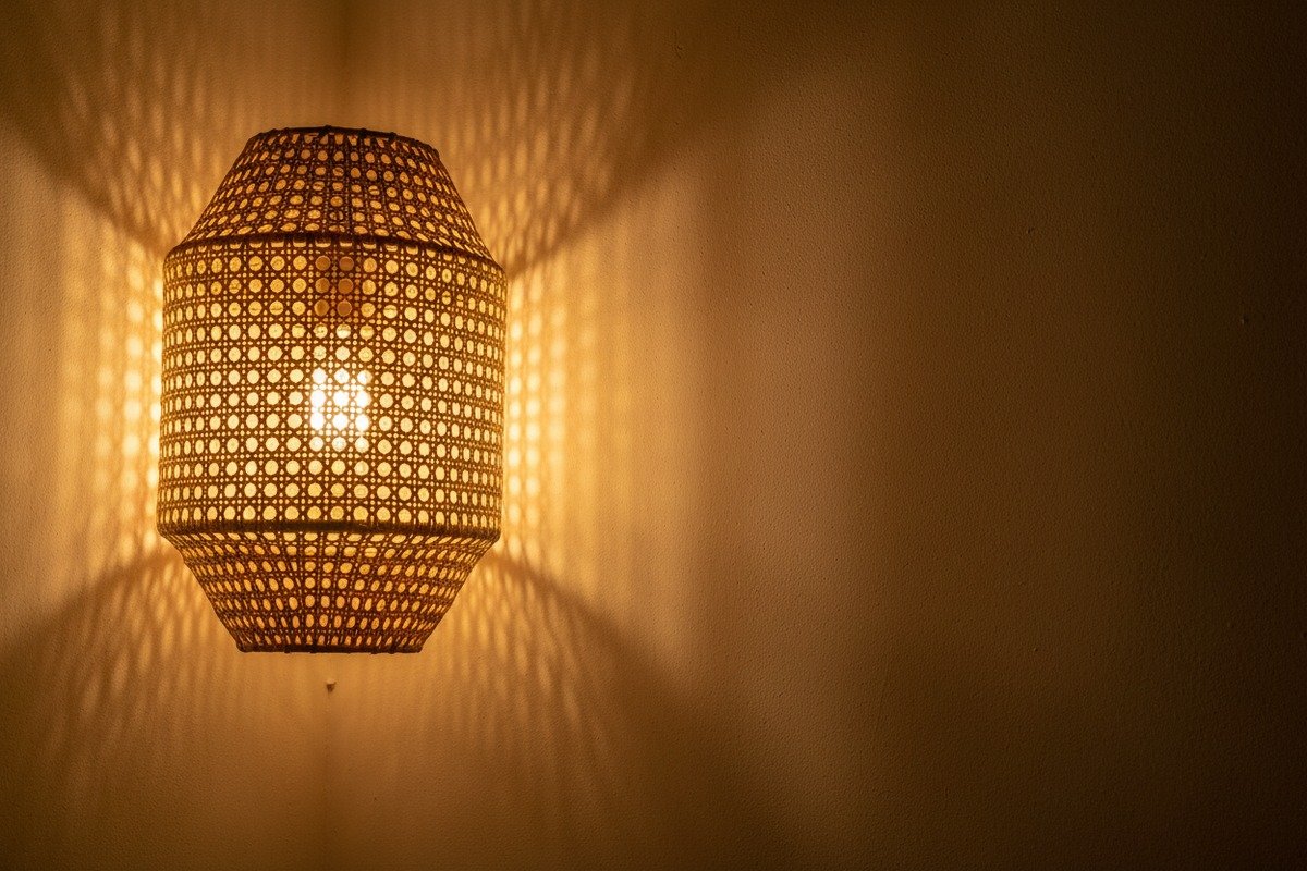 Rattan Weave Shadow Effects Different rattan cane webbing patterns creating unique geometric shadow effects in lighting (ID#2)