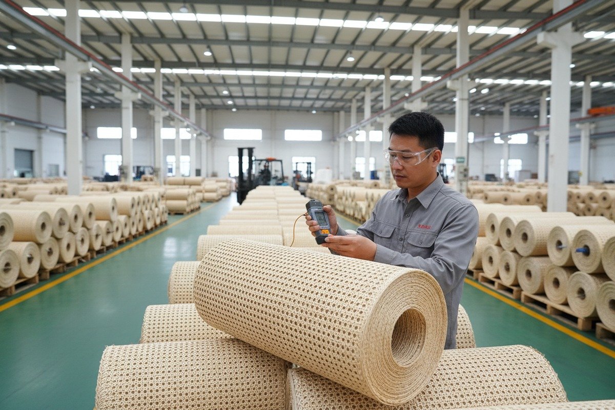 Qualitätskontrolle auf gleichmäßige Webspannung und Feuchtigkeit in der Rattan-Geflechtfertigung (ID#3)