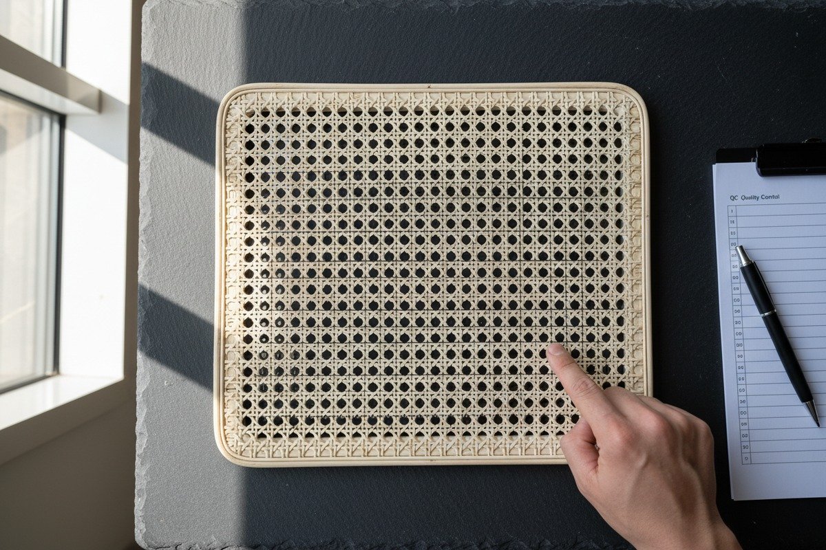 Measuring rattan cane webbing hole-to-hole density using a digital caliper for inspection (ID#2)
