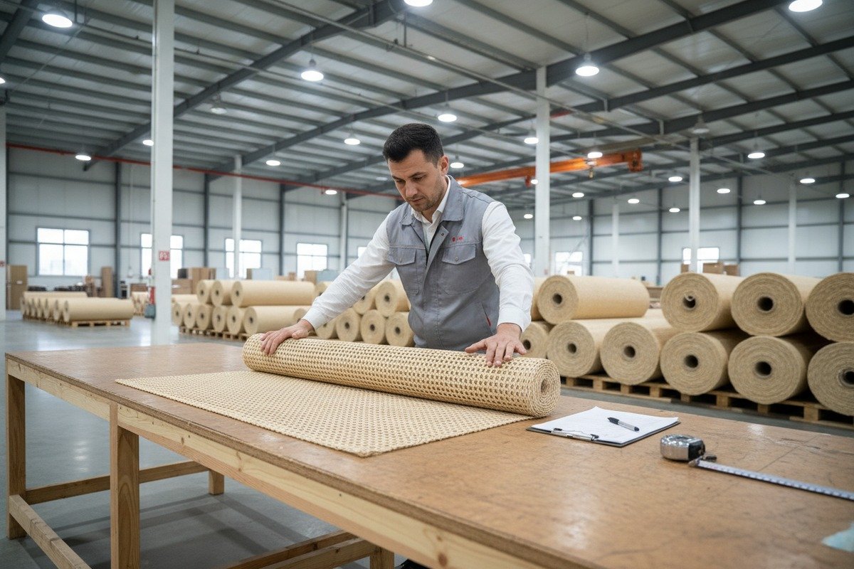 Inspecting high-quality rattan cane webbing rolls upon delivery for quality assurance (ID#1)