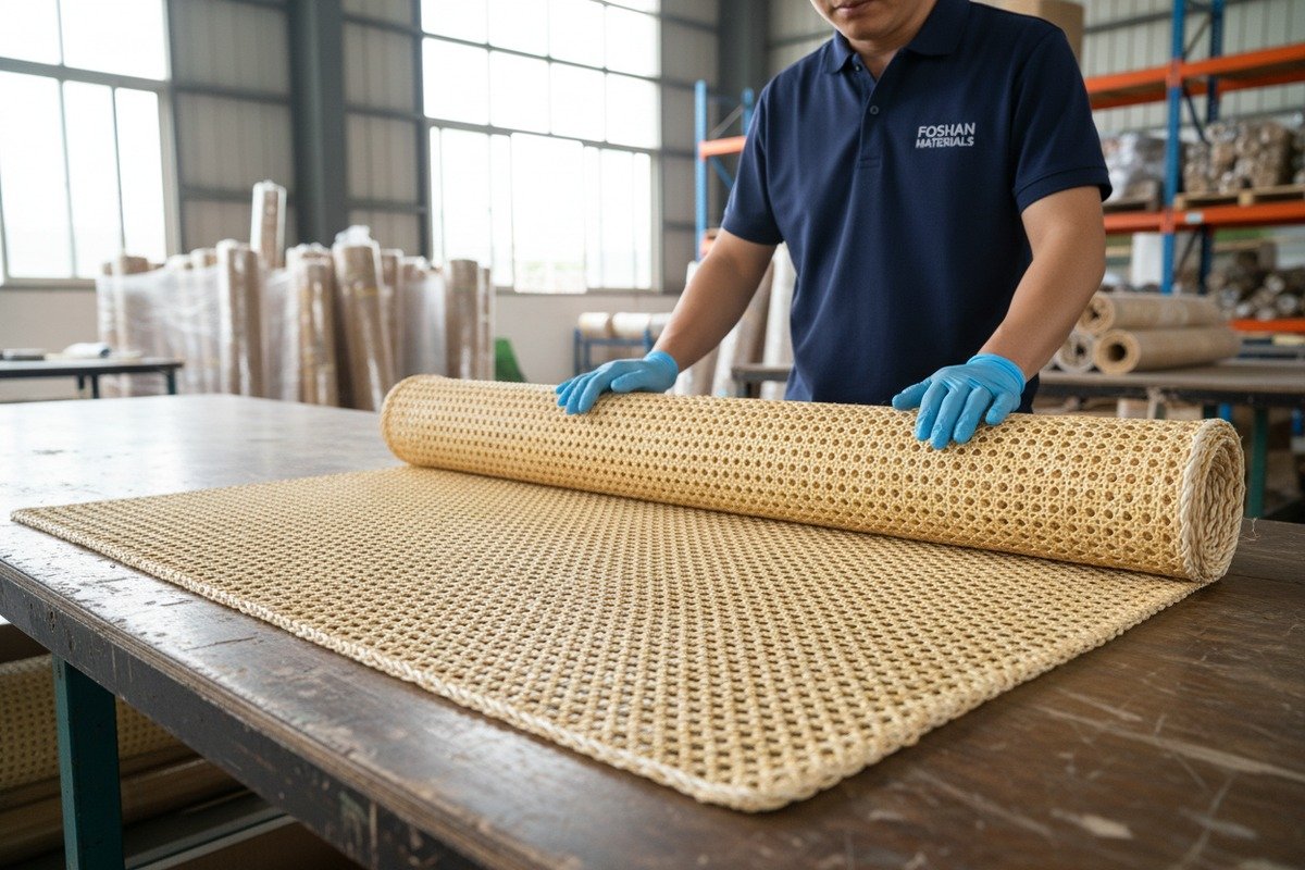 Primer plano de tejido de ratán que muestra hilos naturales y posibles problemas de calidad (ID#1)