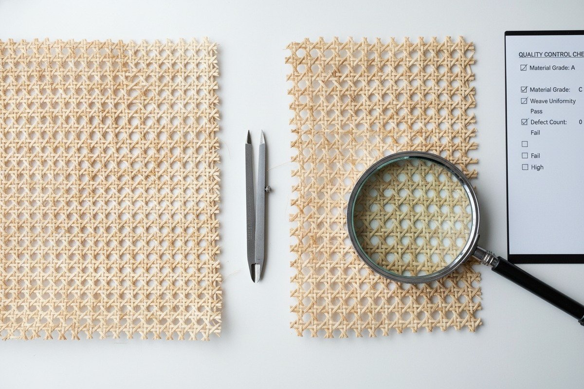 Ratán Natural vs. Defectuoso Distinción entre las características naturales del ratán y los defectos de calidad reales en rollos de tejido de ratán (ID#2)