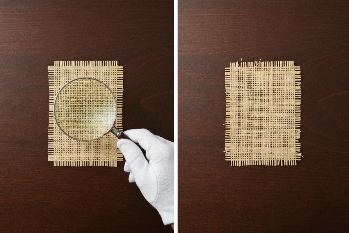 Comparación visual de tejido de ratán liso Grado A frente a materiales de menor calidad con grietas (ID#2)