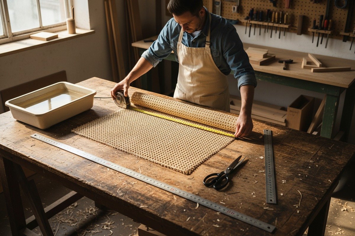 Preparing natural rattan cane webbing for professional furniture installation projects (ID#1)