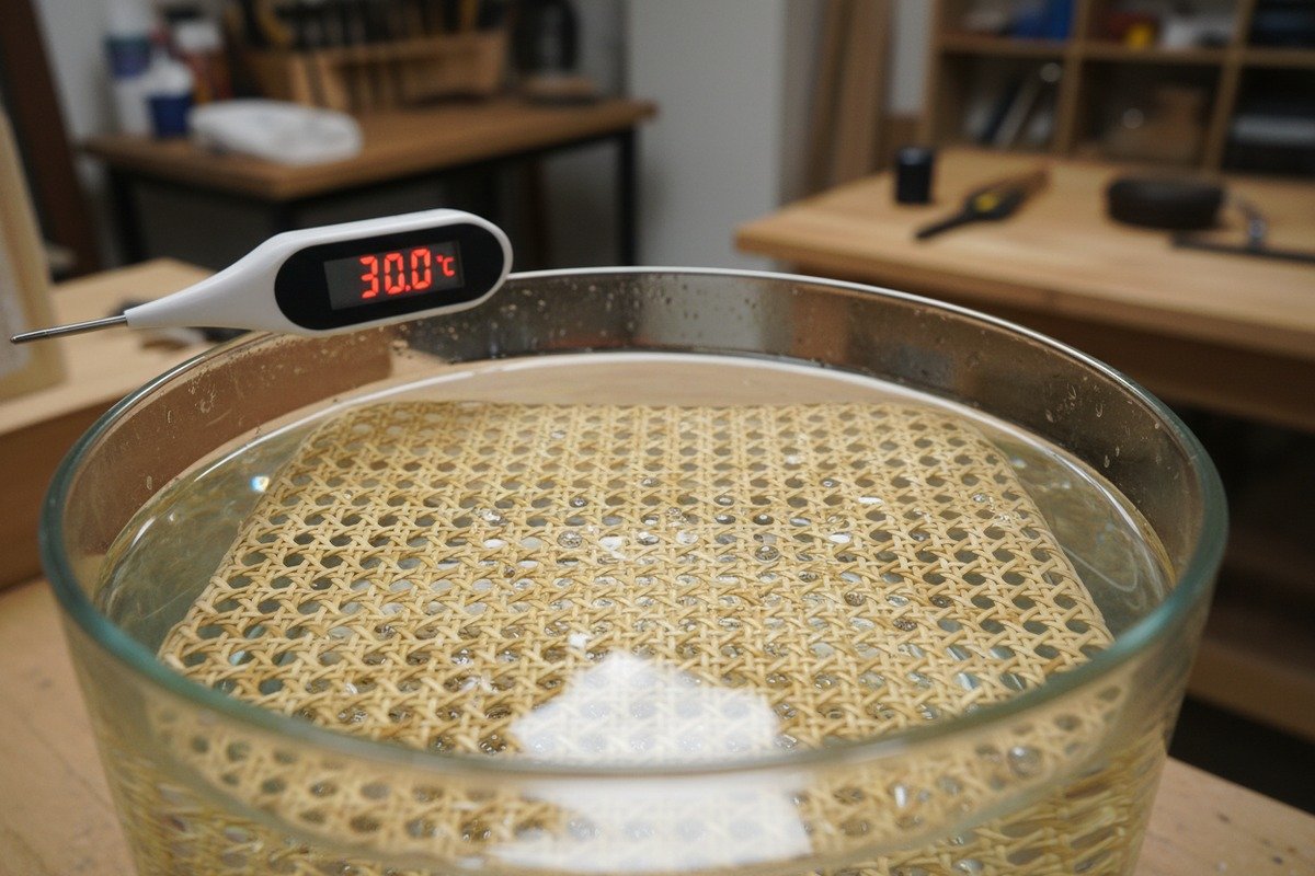 Soaking rattan cane webbing in warm water to increase pliability before installation (ID#2)