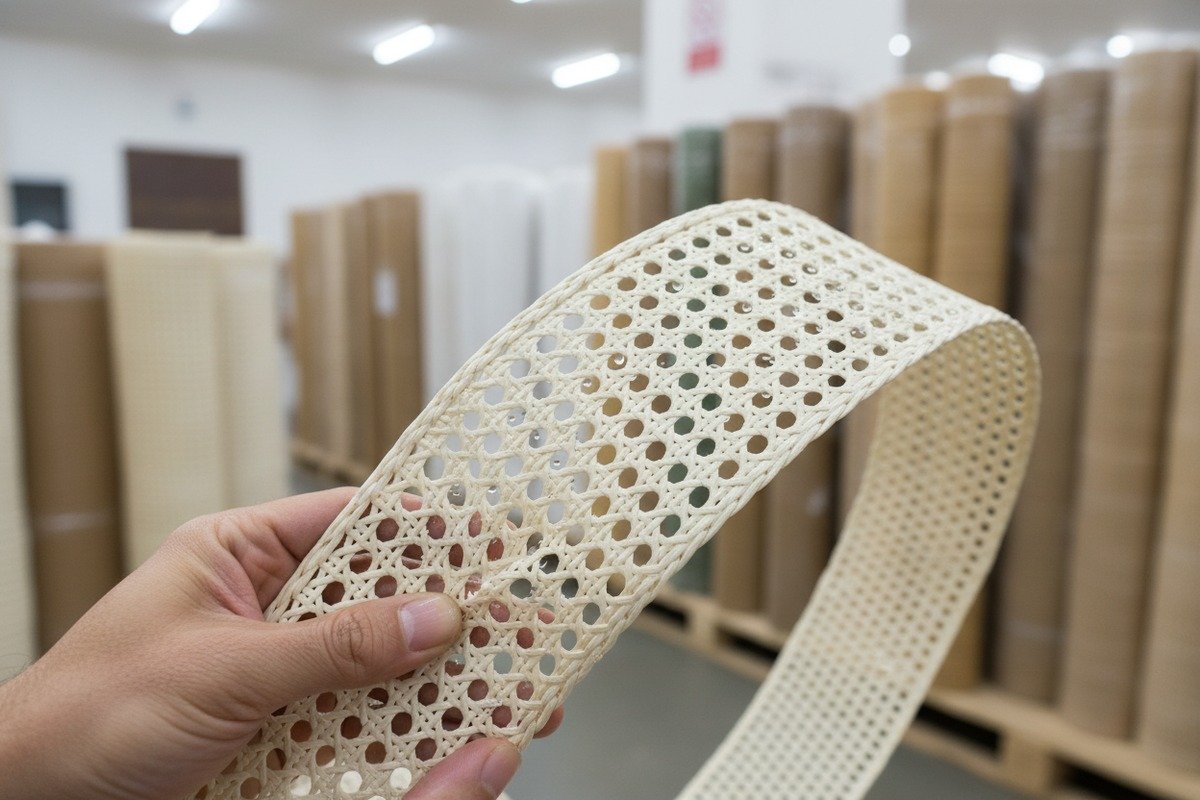 Measuring and cutting rattan mesh with extra overhang for precise furniture fitting (ID#3)