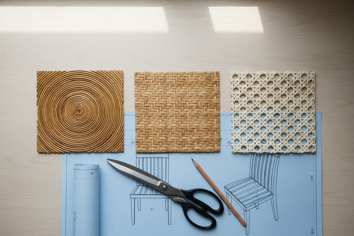 Essential tools for professional rattan installation including utility knife and measuring tape (ID#4)