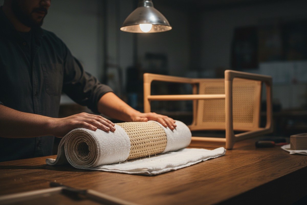 Inspecting rattan rolls for weave quality and flexibility before starting a project (ID#5)
