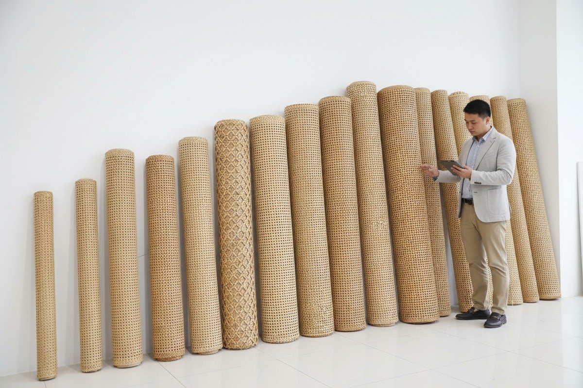 Natural rattan cane webbing rolls showing different widths for square footage calculation (ID#1)