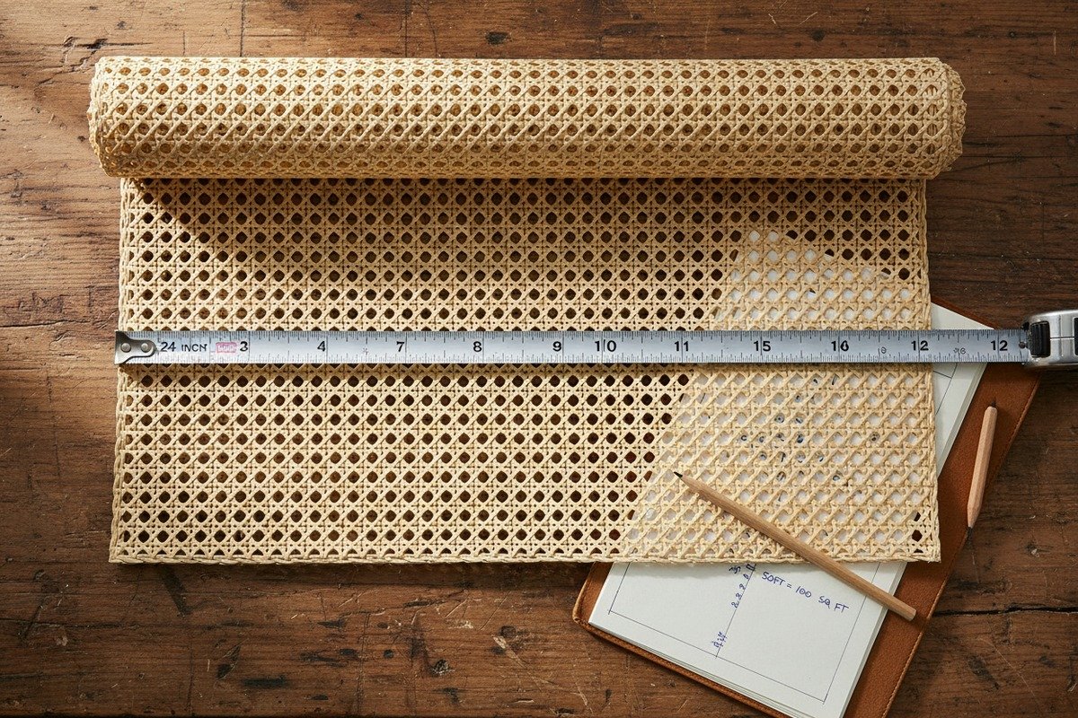 Calculating total square footage for rattan rolls using width and length measurements (ID#2)