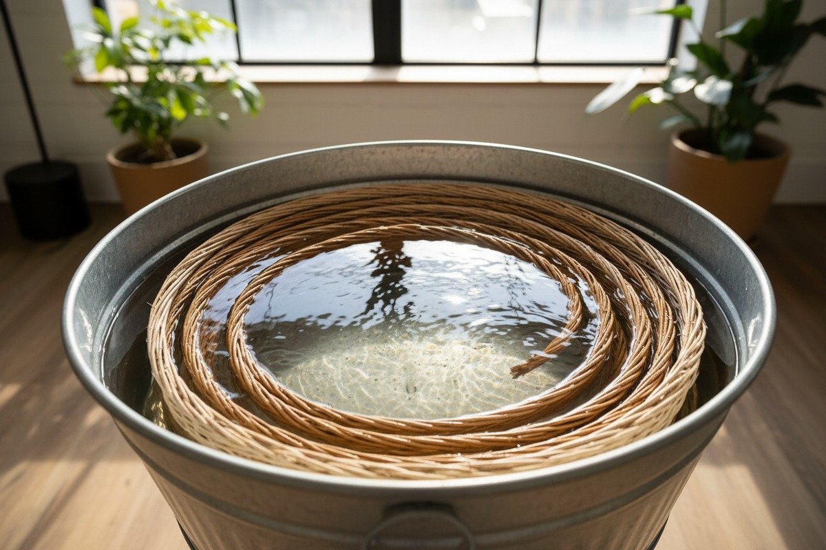 Soaking natural rattan cane webbing in warm water to soften fibers before cutting (ID#3)