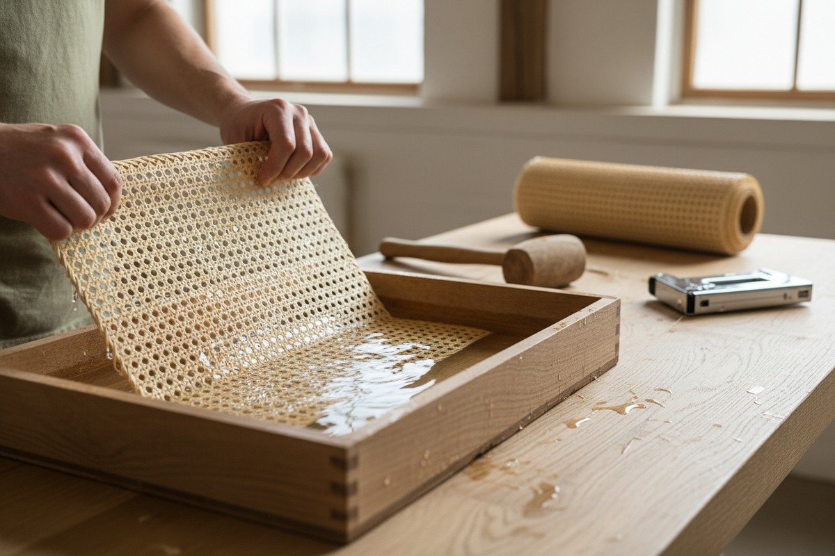 Soaking rattan cane webbing in water to prepare it for a professional installation (ID#1)