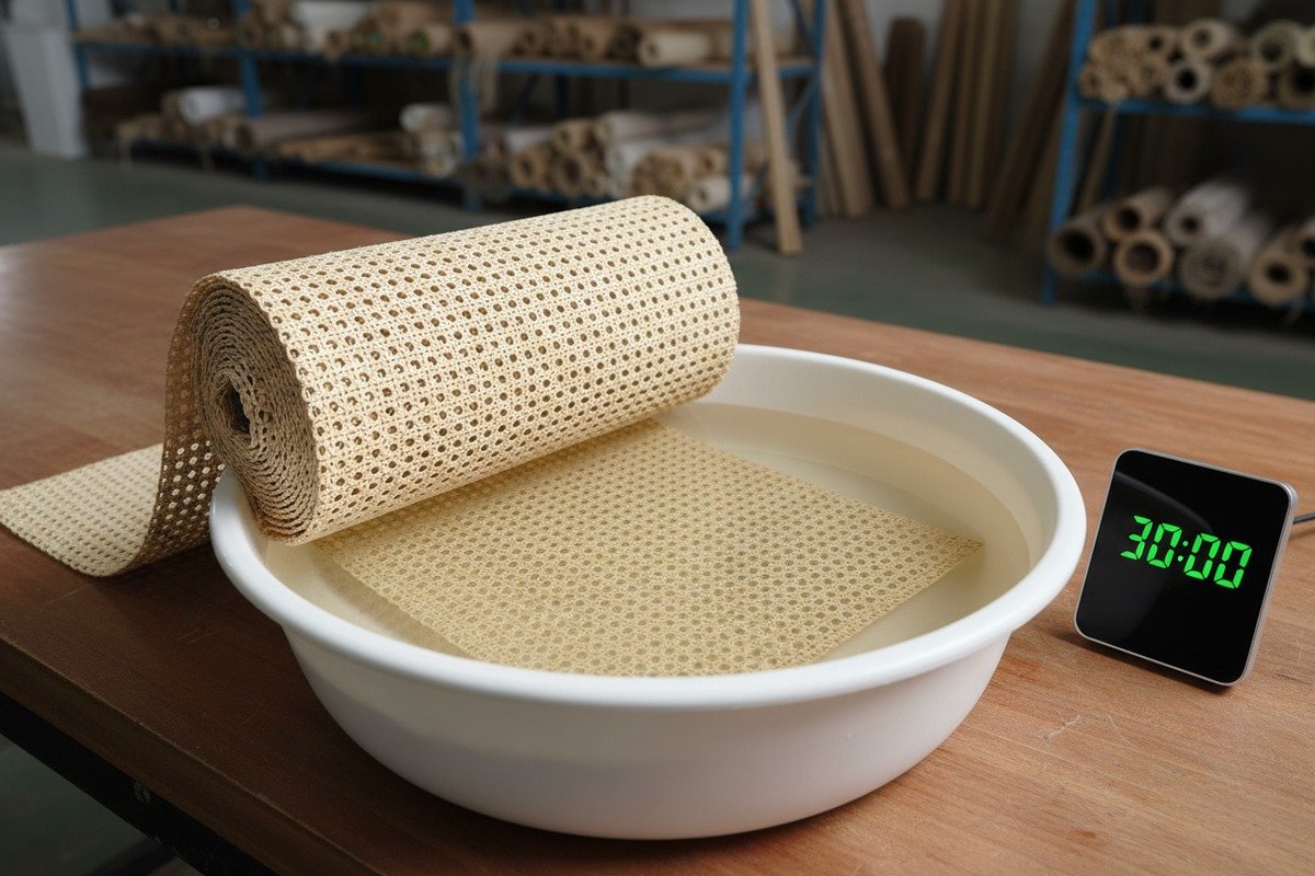 Natural rattan cane webbing soaking in warm water to achieve optimal pliability and flexibility (ID#2)