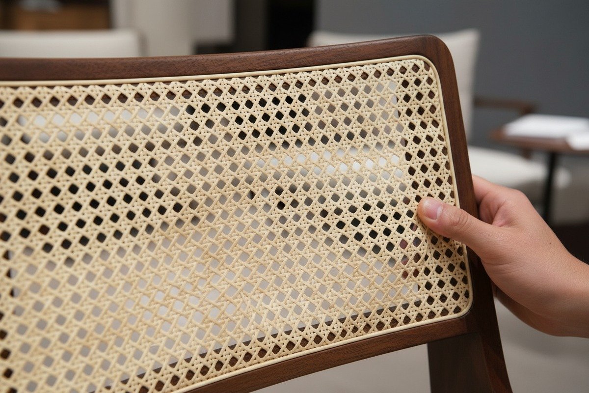 Damp rattan webbing shrinking as it dries to create a tight and professional finish (ID#3)