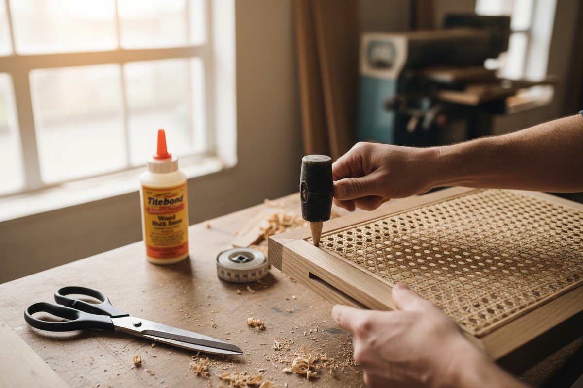 Sicheres Anbringen von Rattan-Rohrgeflecht an einem Holzmöbelrahmen für ein professionelles Finish (ID#1)