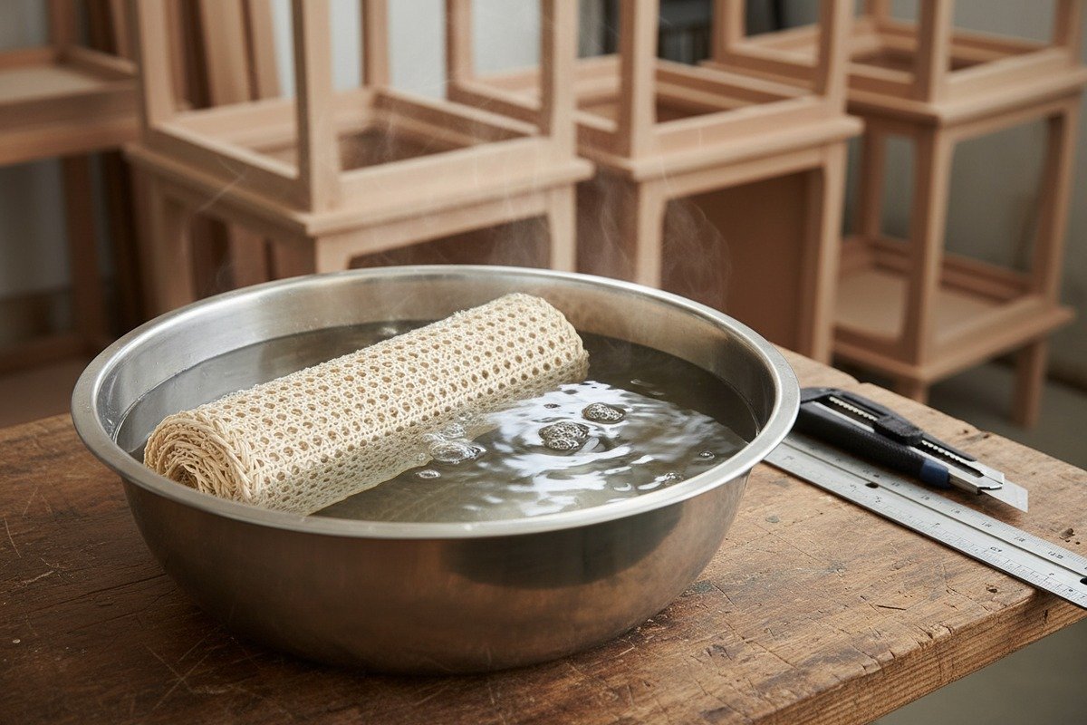 Rattan-Rohrgeflecht in warmem Wasser einweichen, um es vor der Rahmenmontage biegsam zu machen (ID#2)