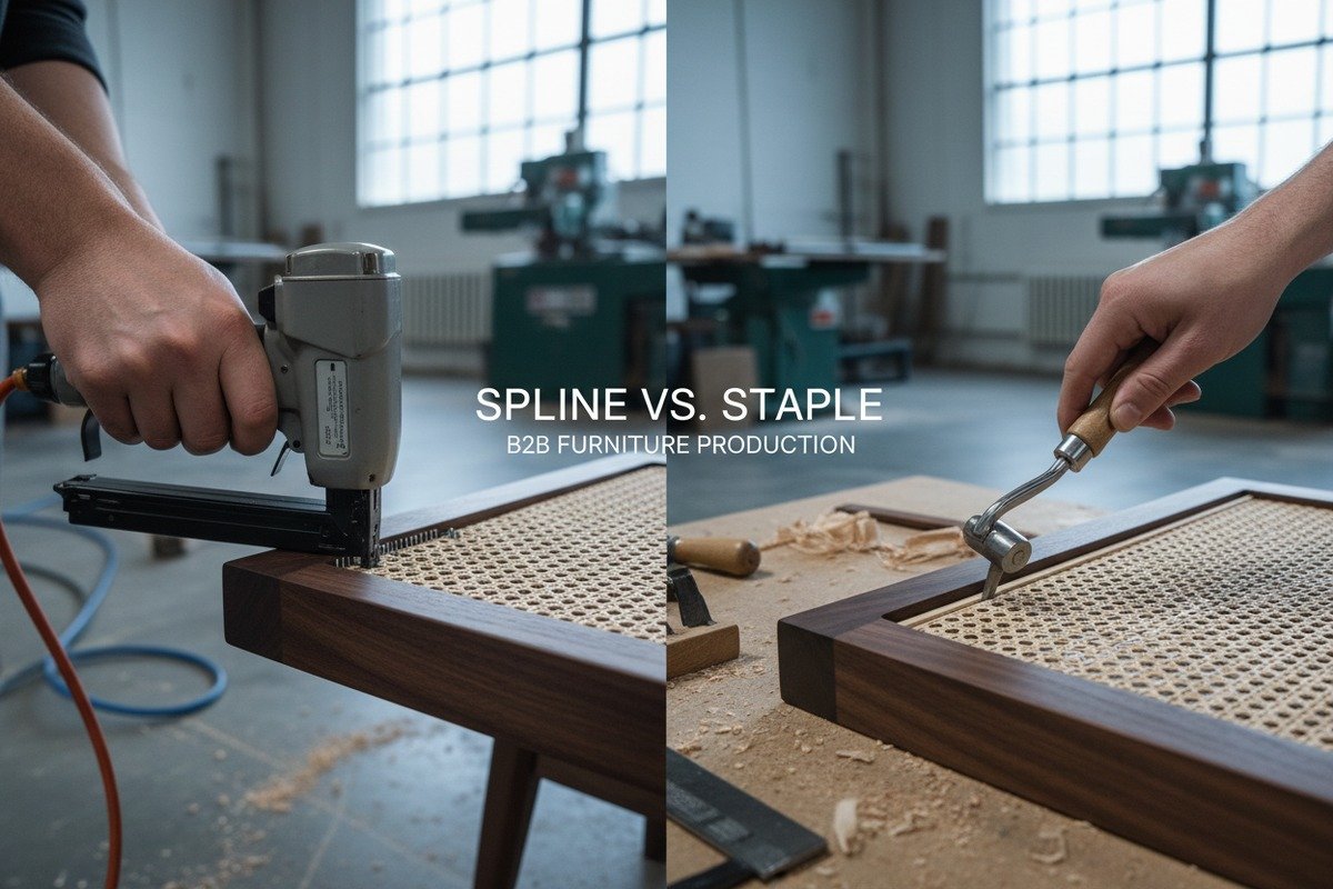 Verwendung einer Leiste oder eines Tackers zur Befestigung von Rattan-Geflecht an Holzmöbelrahmen (ID#3)