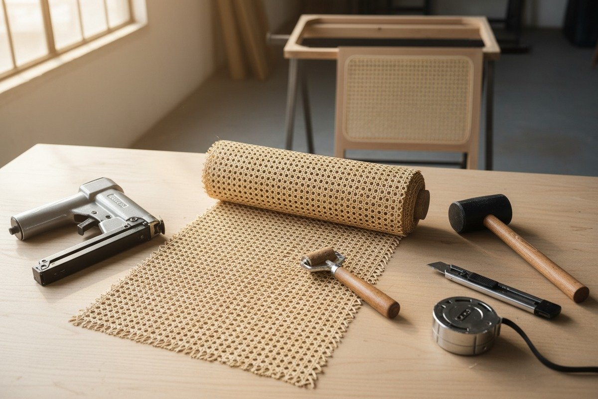 Professional tools required for installing rattan cane webbing on furniture projects (ID#1)