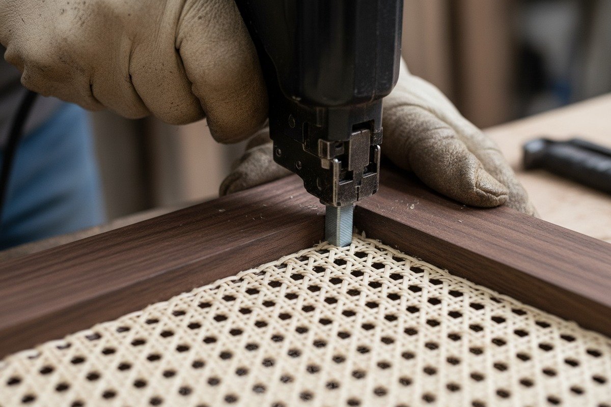 Maintaining even tension by securing rattan cane from the center outward toward the corners (ID#3)