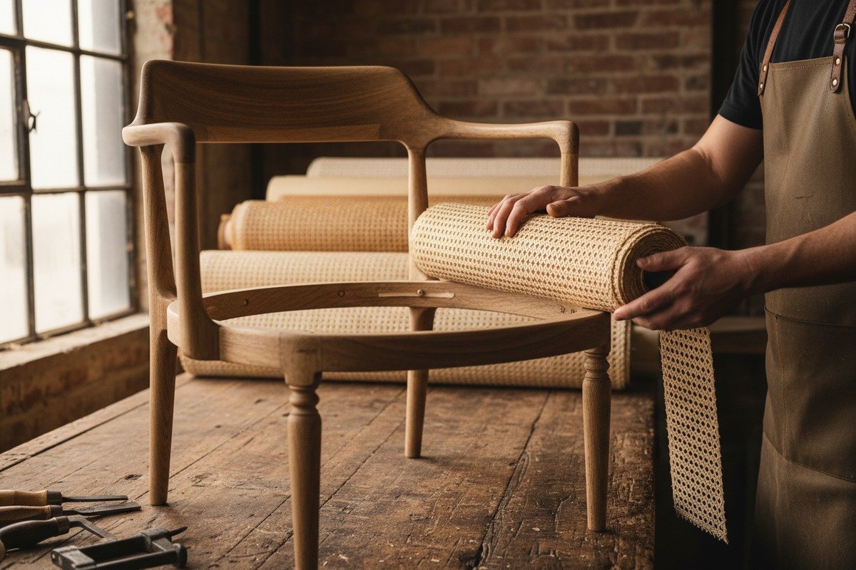 Process of replacing worn rattan cane webbing on an old wooden chair (ID#1)