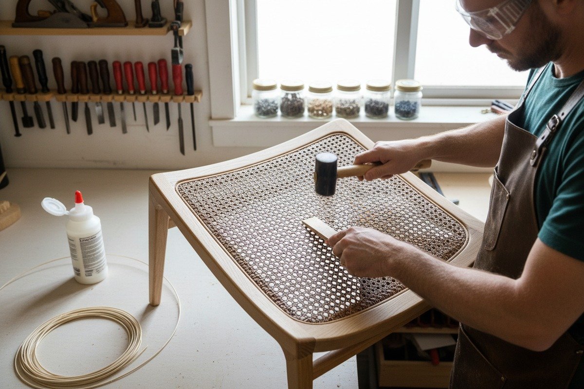 Installing New Rattan Webbing Steps to install new rattan webbing including soaking and pressing into chair grooves (ID#3)