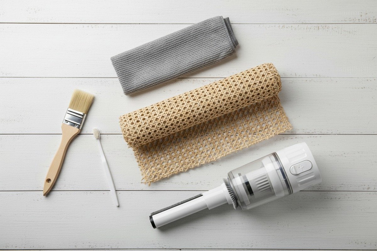 Использование щетки с мягкой щетиной и салфетки из микрофибры для ежедневного удаления пыли с плетения из ротанга (ID#2)