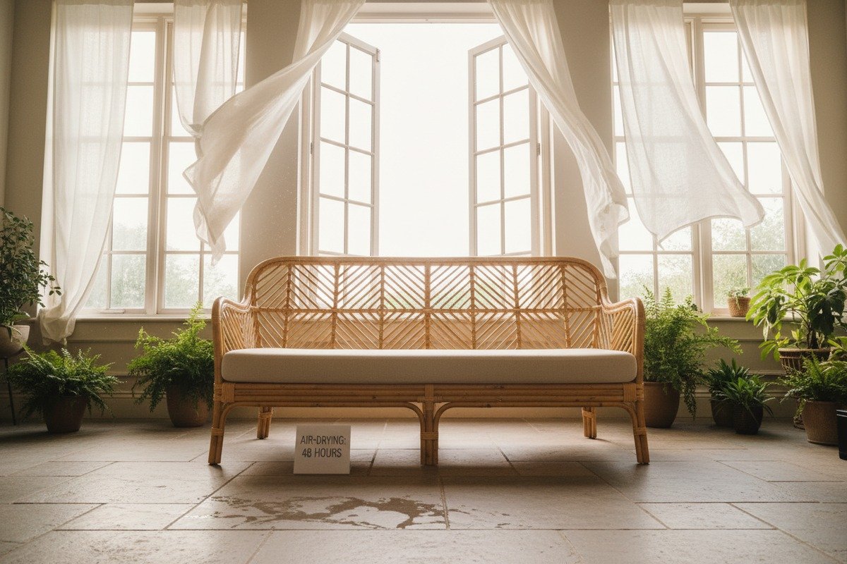 Нанесение льняного масла мягкой тканью для поддержания естественного блеска плетения из ротанга (ID#5)