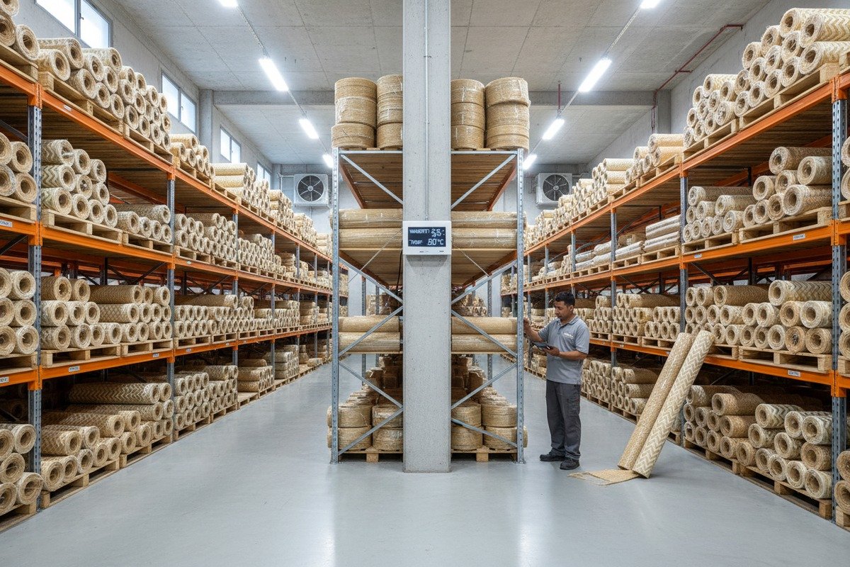 Storing Bulk Rattan Rolls Storing bulk rattan rolls horizontally in a climate controlled warehouse to prevent warping (ID#4)