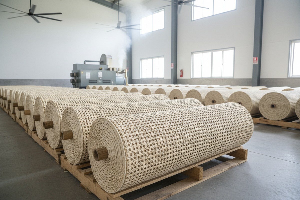Proper Rattan Storage Techniques Storing rattan cane webbing rolls on pallets in a dry well-ventilated warehouse (ID#2)