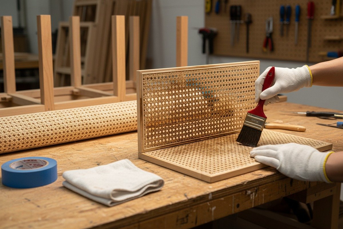 Applying oil-based stain to rattan cane webbing with a soft-bristle brush (ID#2)