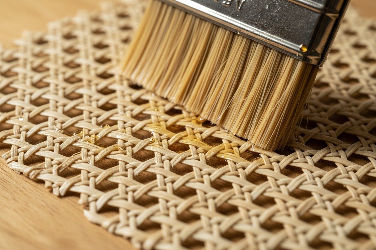 Preparing cane webbing by cleaning and masking the wood frame before painting (ID#4)