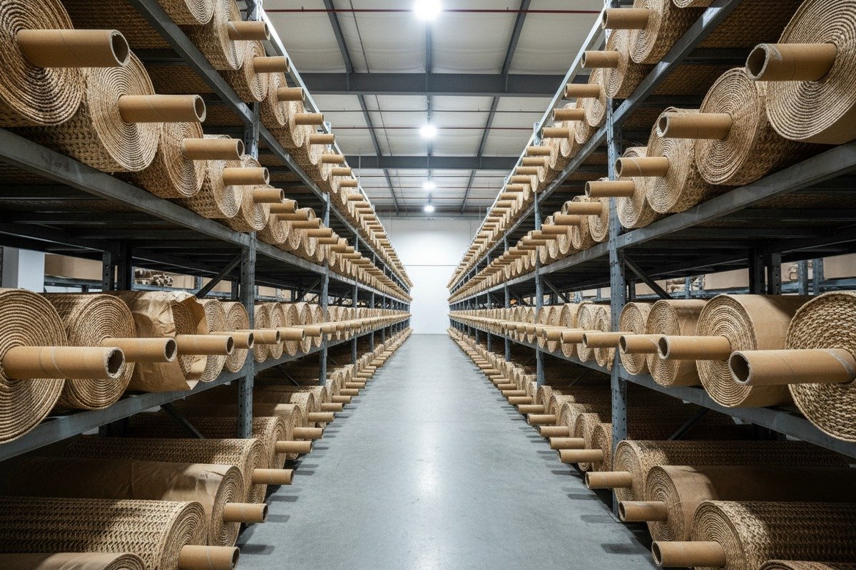 Stacking Rattan Rolls Correctly Horizontal stacking of rattan rolls on sturdy shelving using support tubes (ID#3)