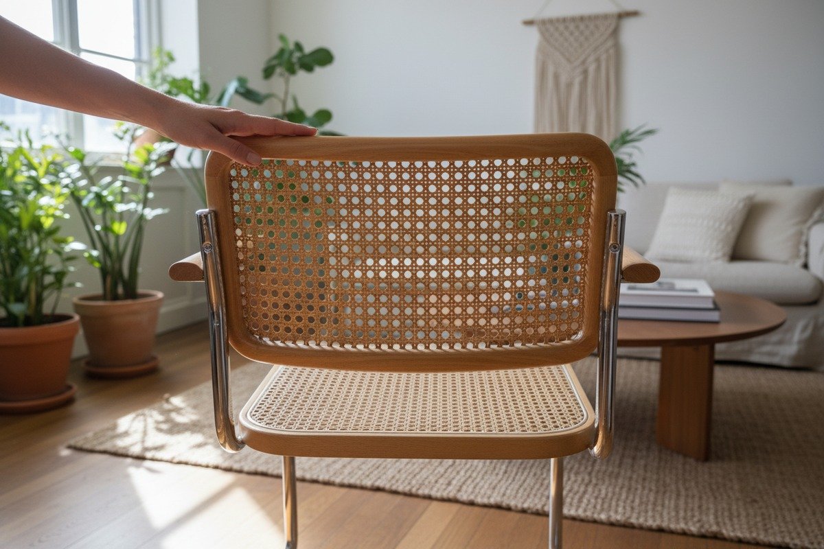 Processus d'installation durable du cannage en rotin, y compris le trempage et la fixation avec une éclisse en jonc (ID#4)