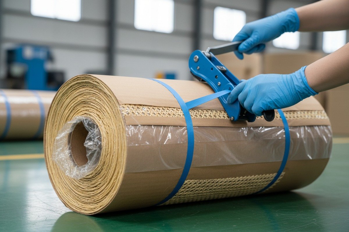 Secure packaging for rattan rolls using plastic film, kraft paper, and corrugated cardboard (ID#2)