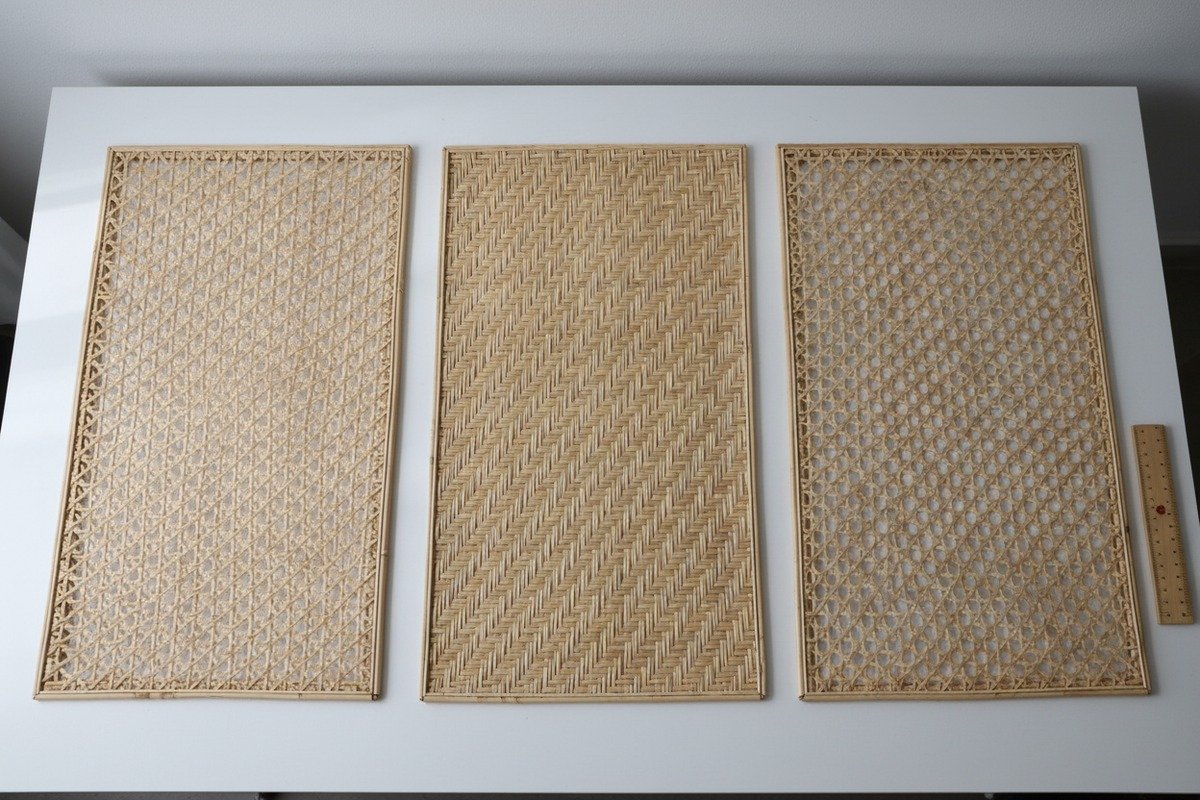 Visual inspection of buttery tan rattan cane webbing with even weave and natural sheen (ID#2)