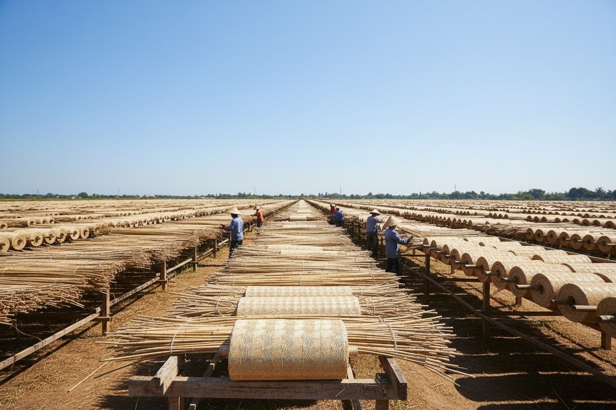 Testing rattan flexibility by bending strands and checking moisture content with a meter (ID#5)
