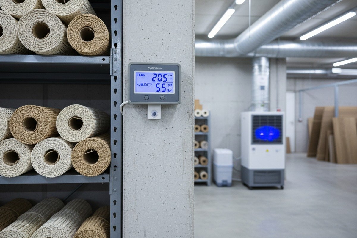 Warehouse HVAC and dehumidifier systems maintaining ideal climate for rattan cane webbing storage (ID#2)