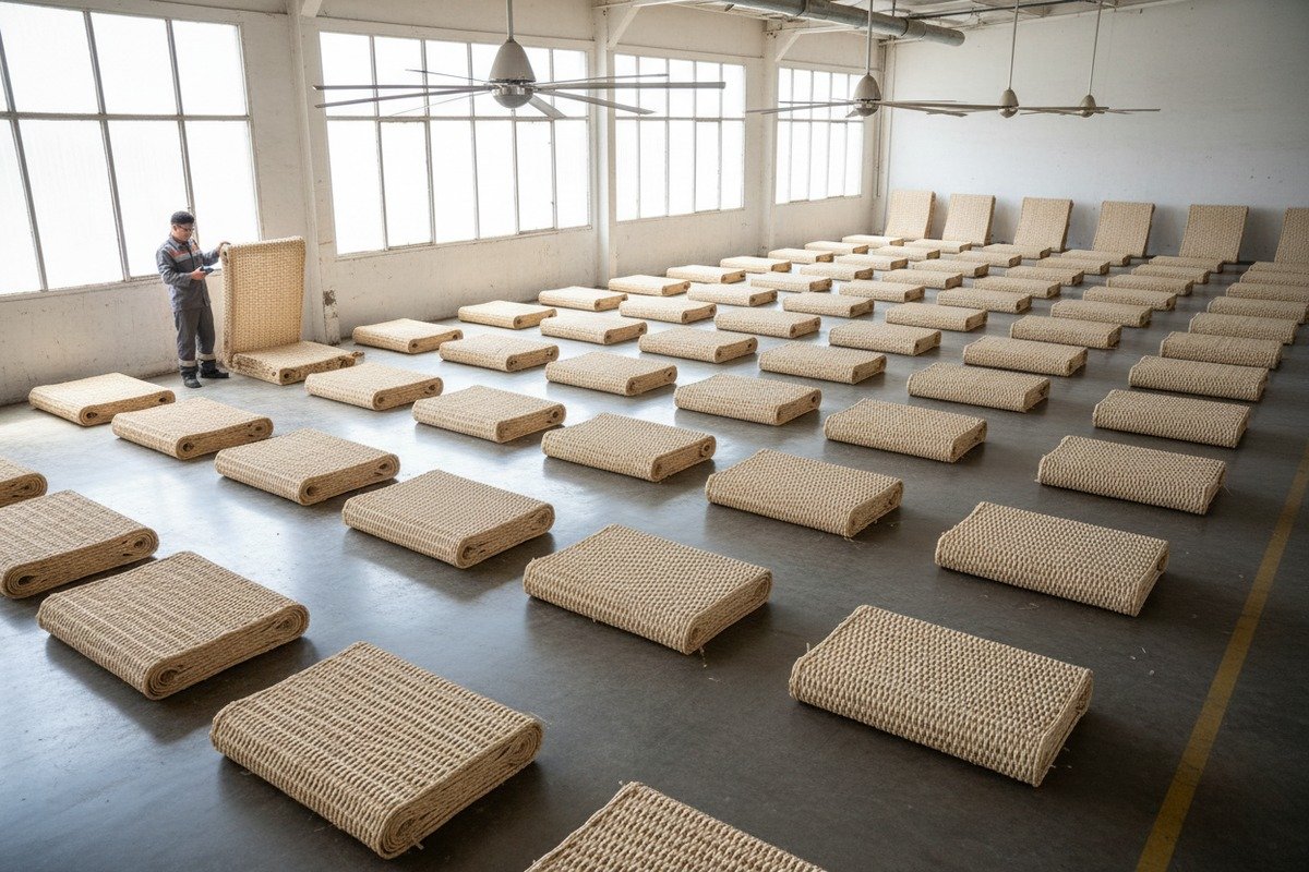 Stacking bulk rattan rolls vertically on raised pallets with breathable wrapping for air circulation (ID#4)