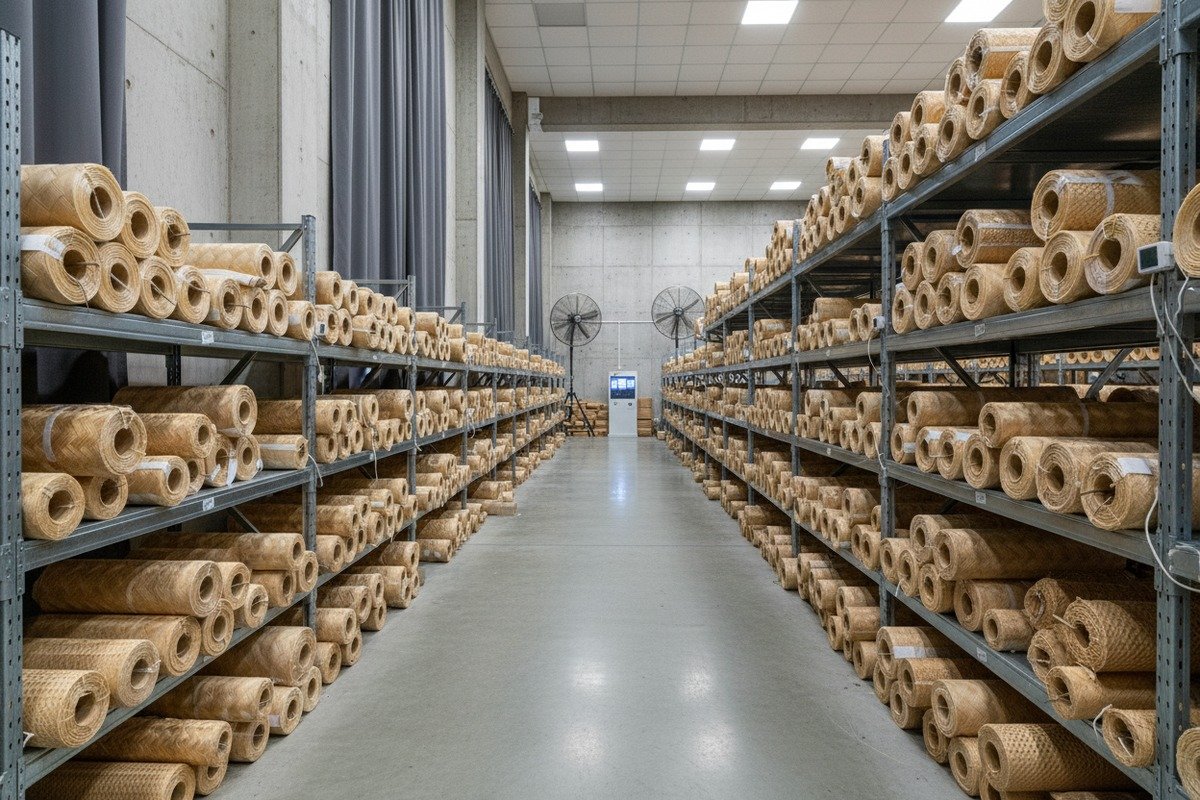 Professional rattan wholesaler warehouse standards including climate control and vertical roll storage (ID#5)