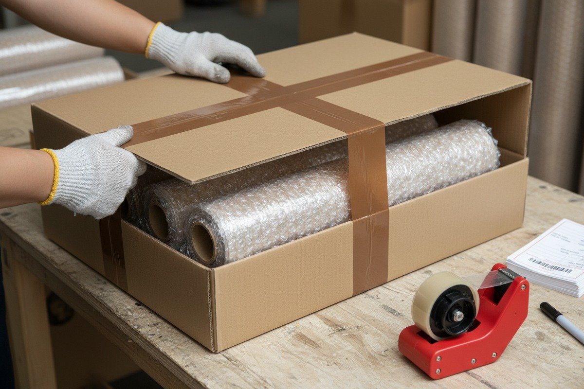 Secure Rattan Transit Packing Securely packed rattan rolls in reinforced corrugated cartons with moisture-resistant wrapping for transit (ID#2)